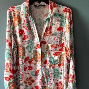 Zara Red White M Paisley Floral Print Long Sleeve V Neck Boho Luxe Festival Prep